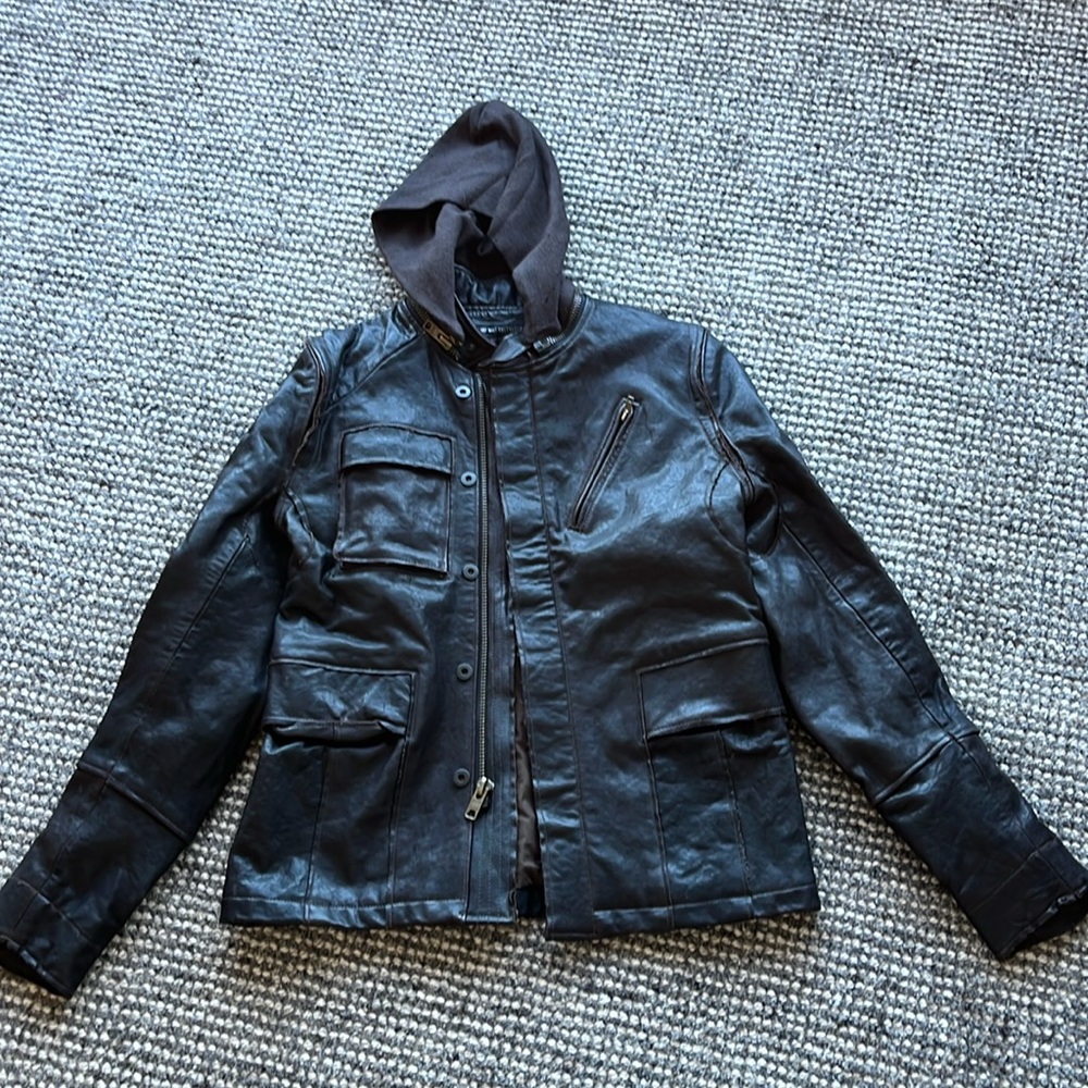 COPY - USA Leather Jacket Bomber Moto Hood Cargo Zip